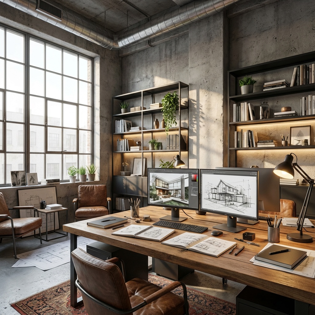 A hyperrealistic interior photo of a modern industrial home office filled with creative energy. Diffused daylight enters through a large factory-style window, casting soft shadows across concrete walls, exposed ductwork, and matte black shelving. Captured with a wide-angle lens to emphasize a large desk setup, dual monitors, sketchbooks, and design tools. Warm wood accents and ambient lighting balance the raw industrial materials, creating a focused yet inspiring workspace. resolution is 2k and aspect ratio is 19.6