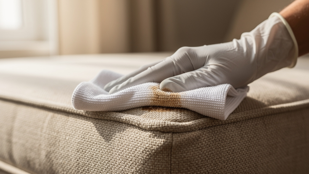Gentle blotting technique on fabric sofa