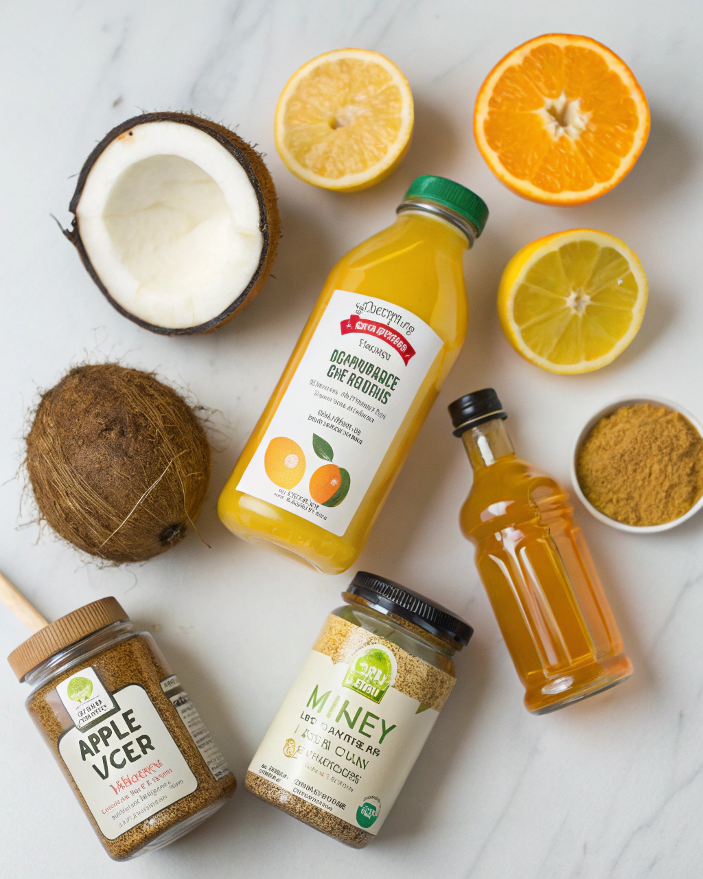 Quick Coconut Water Mocktail ingredients laid out on clean white counter