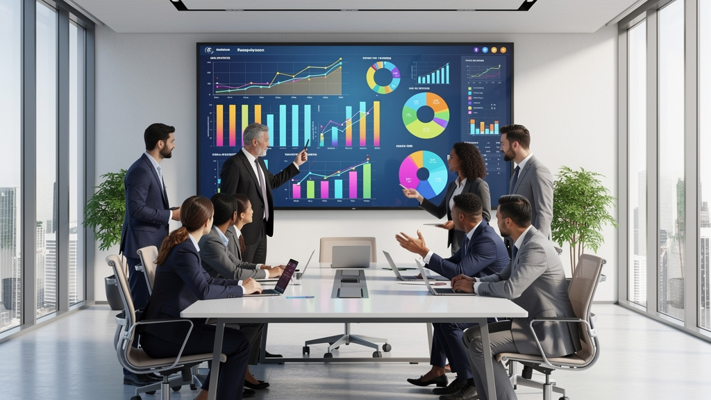 Business team analyzing interactive data reports together