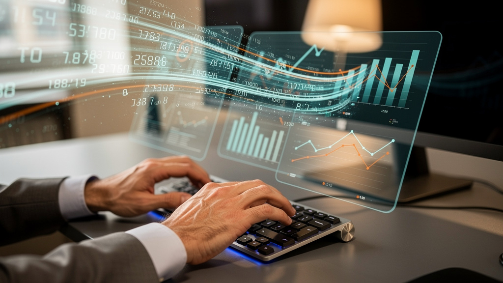 Hands working with AI report generator and automated data processing technology