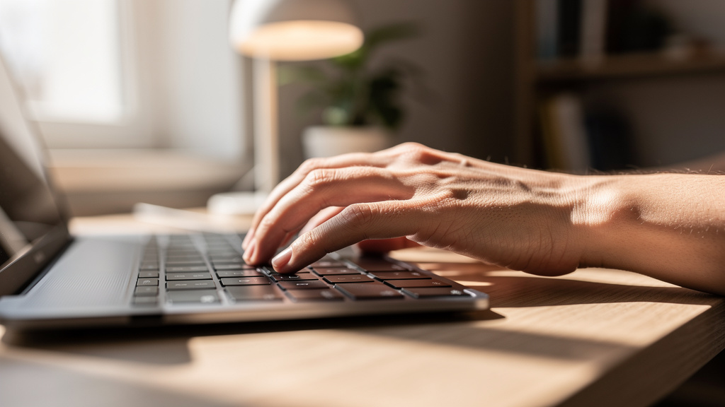 Hands typing on a laptop keyboard while using AI time tracking software to log work automatically