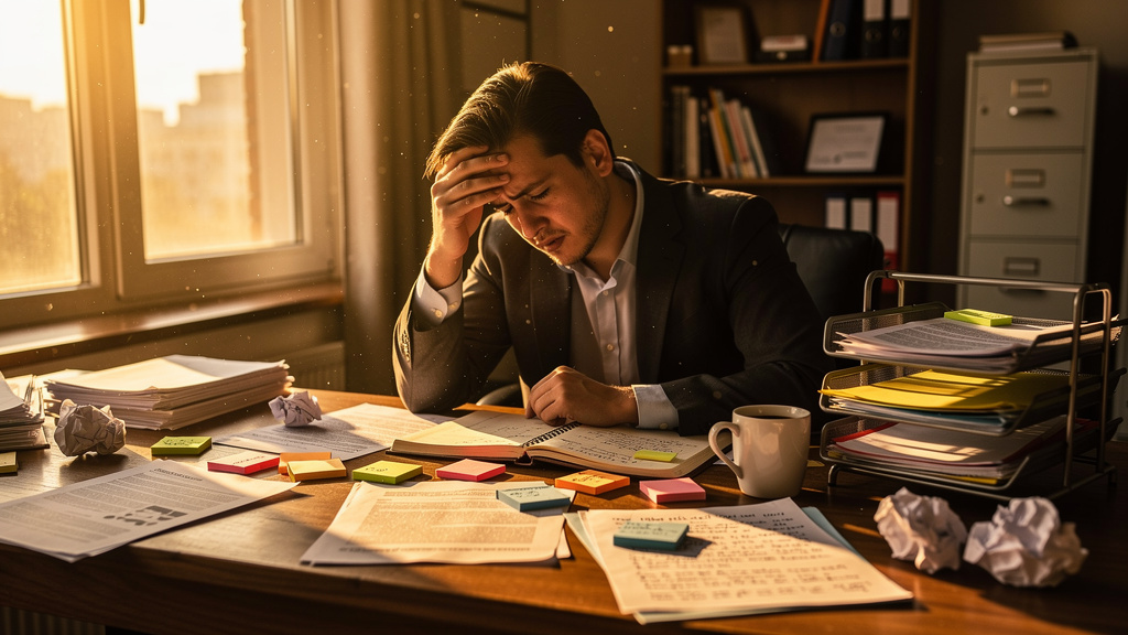 Stressed professional at cluttered desk workspace