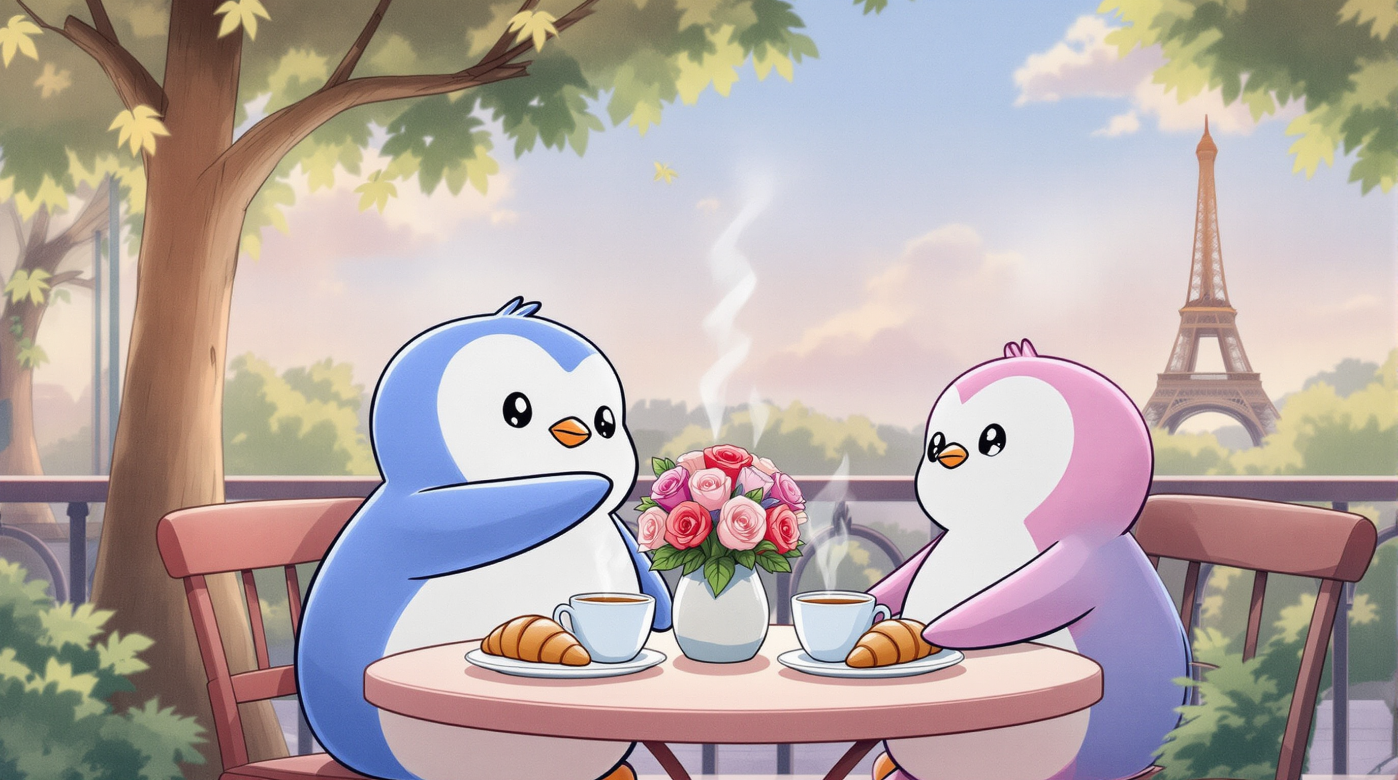 pengu with pink pengu at a breakfast date in Paris