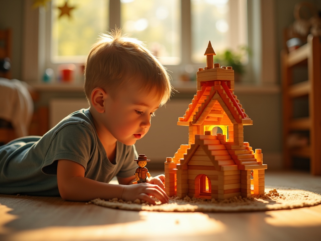 Niño jugando concentrado con GobiDex Construcciones Magneticas creando una historia
