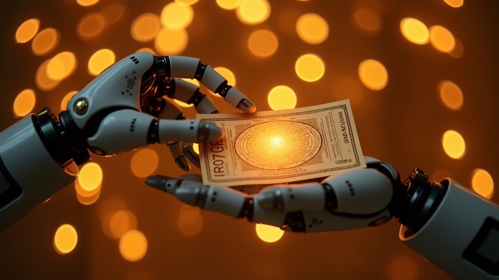 Entorno futurista industrial con un robot de seis brazos operando, reflejando avances robóticos