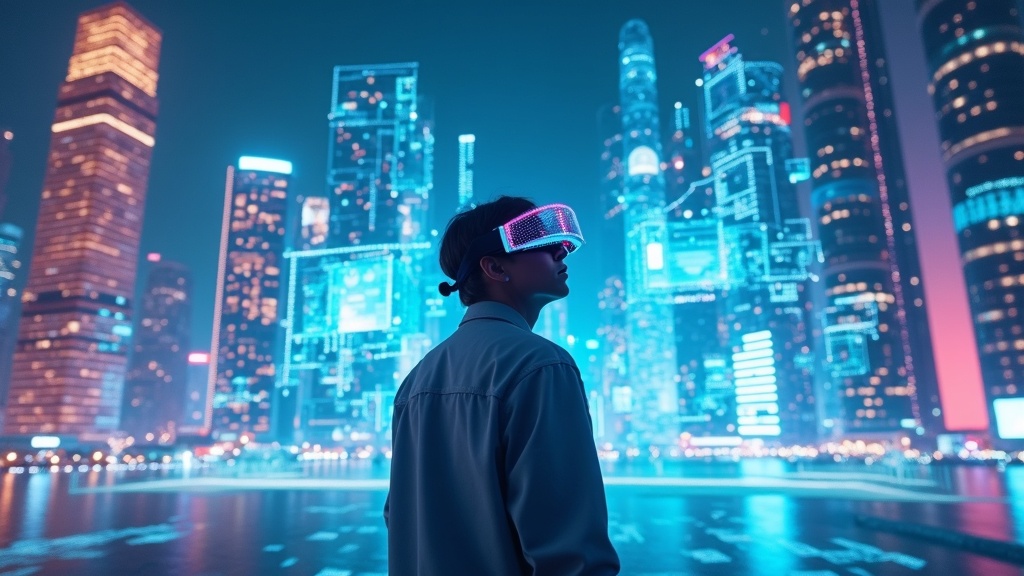 Un usuario con gafas Meta Quest 3 explora un entorno futurista.