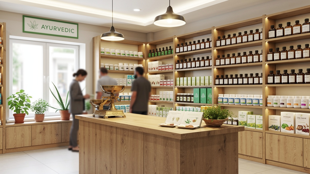 Modern Ayurvedic pharmacy retail store with organized product displays