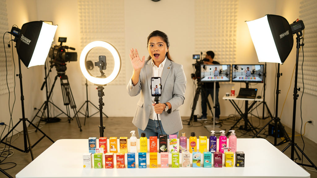 Professional content creator filming social media video