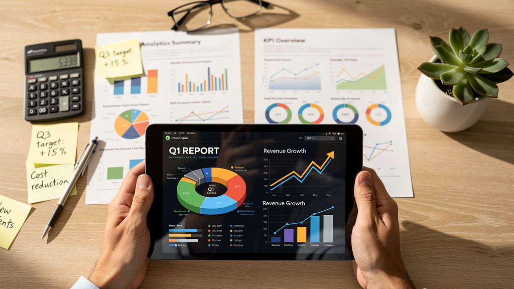 Business metrics and ROI analysis on digital tablet