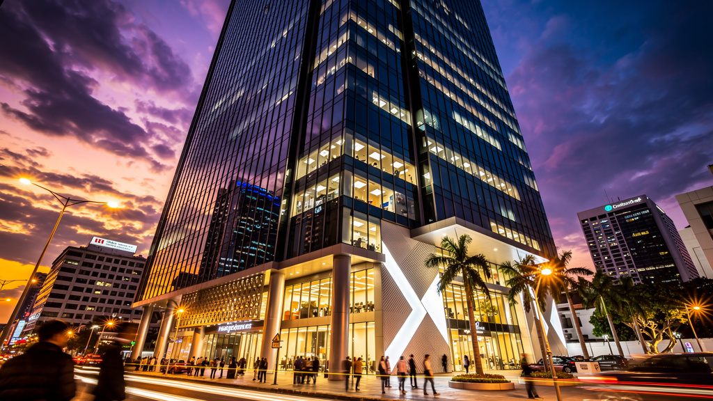 Modern business district in Manila at sunset