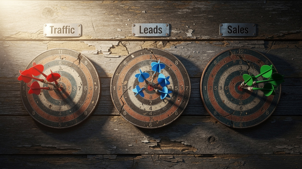 Three business objectives represented by dartboards with precise targeting