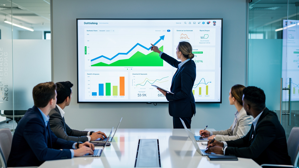 Marketing team reviewing successful campaign performance and growth results