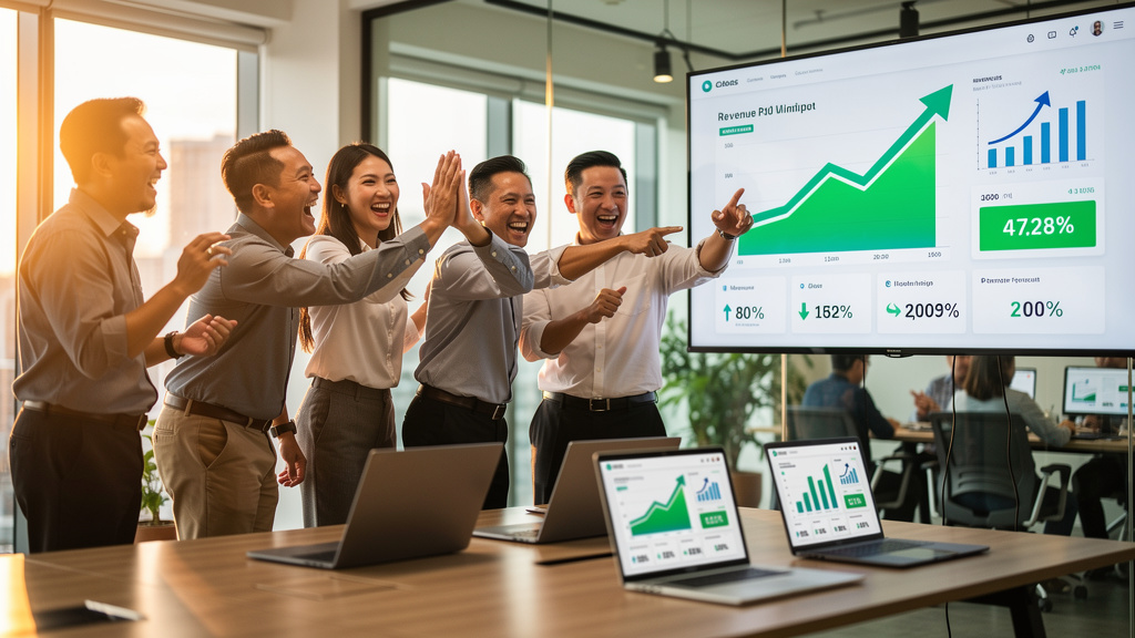 Team celebrating successful marketing campaign results and ROI