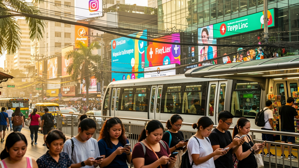 Filipino consumers actively engaging with mobile devices in urban setting