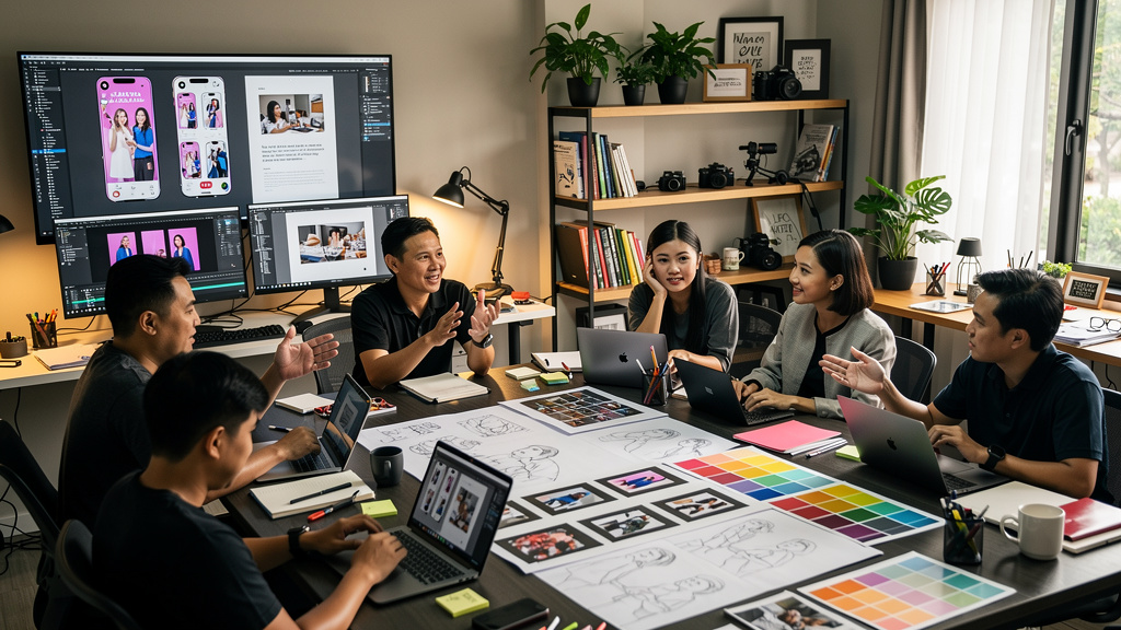 Creative team developing multi-format digital content in professional studio