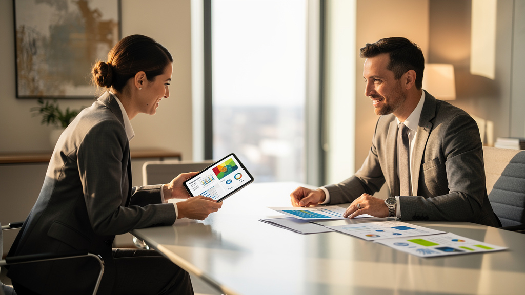 Business professionals discussing marketing strategy and partnership details