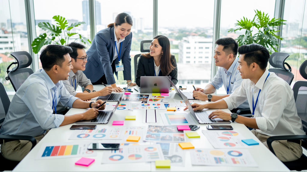 Marketing team collaborating on digital strategy and campaign planning