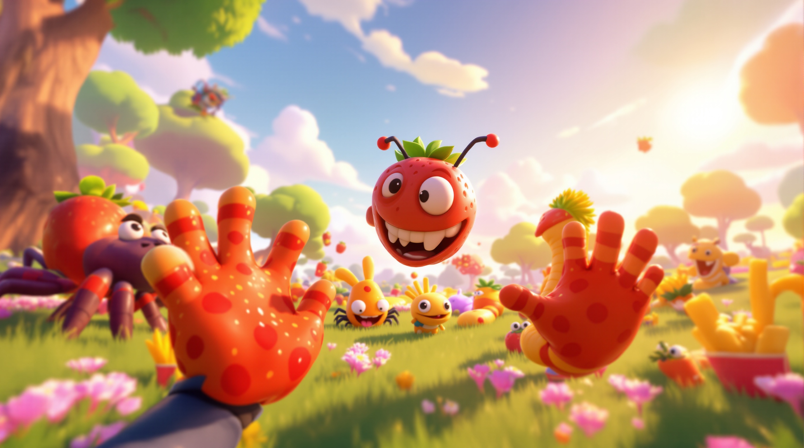 Captura de gameplay de Bugsnax mostrando una criatura híbrida comida-insecto en un entorno colorido