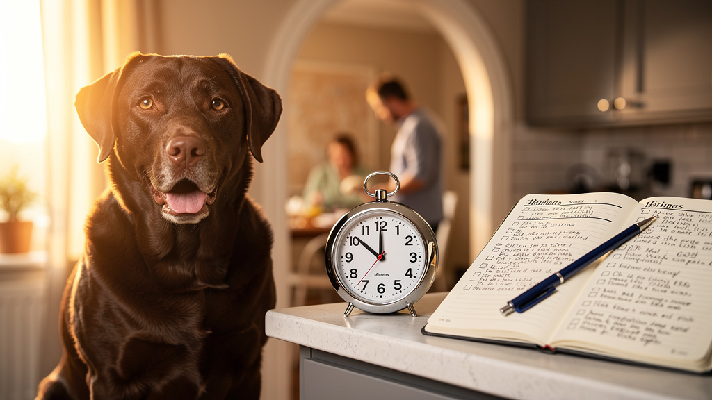 Timer and chocolate Labrador during training session