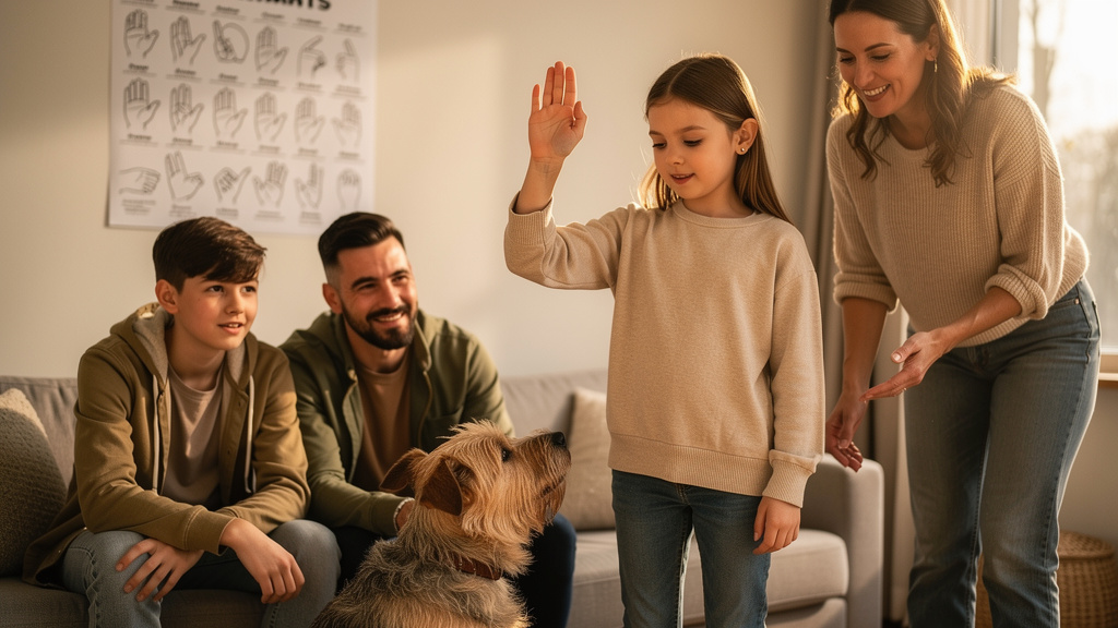 Family members practising consistent dog training together