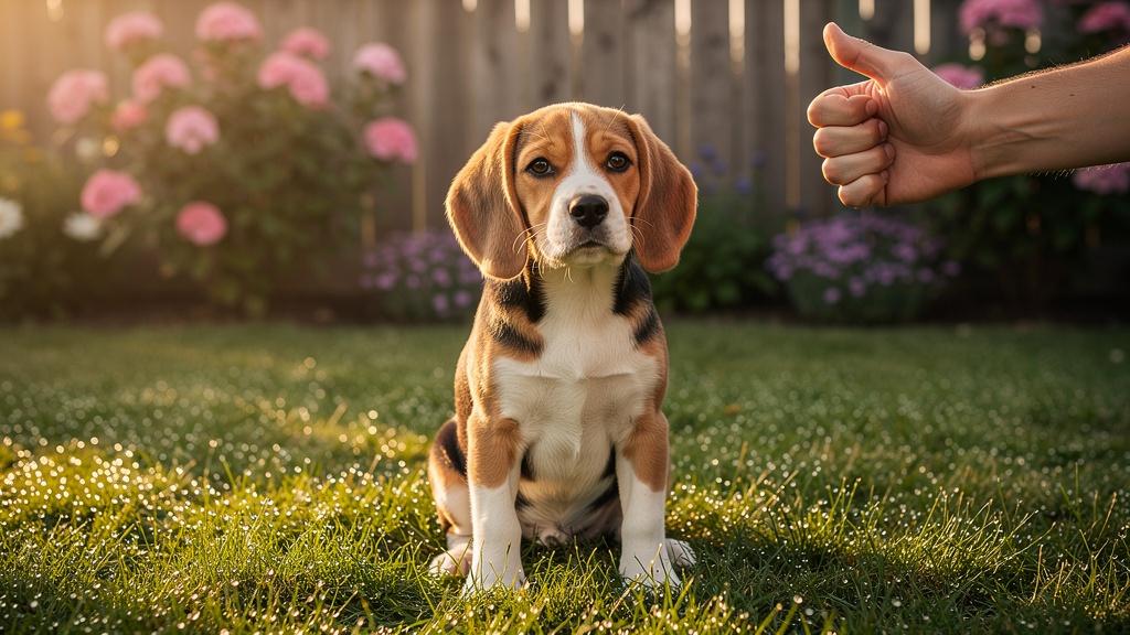 Beagle puppy successfully performing sit command