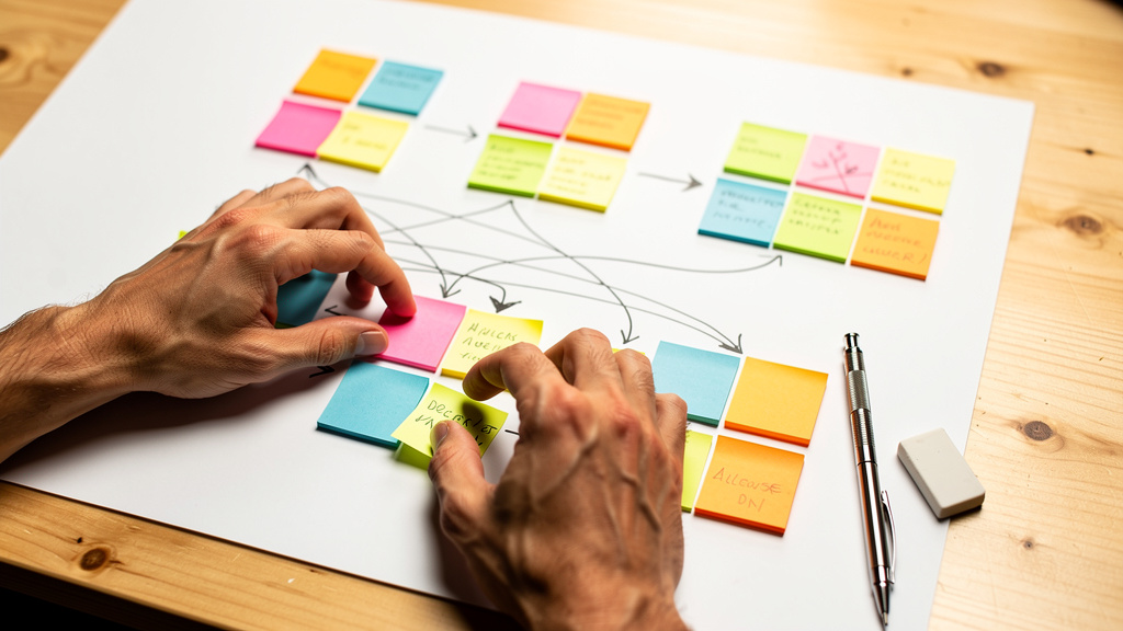 Hands organizing Zapier vs Power Automate workflow using sticky notes on desk