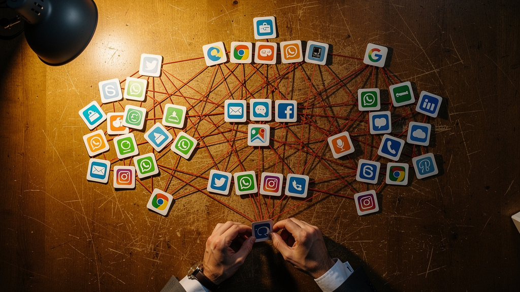 Network of connected app icons spread across desk