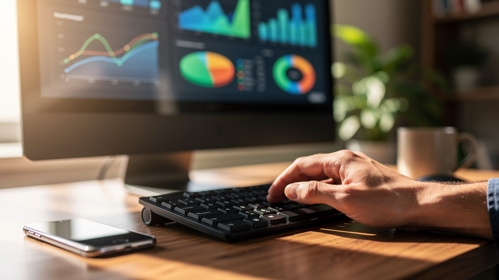 Professional typing on keyboard with dashboard visible