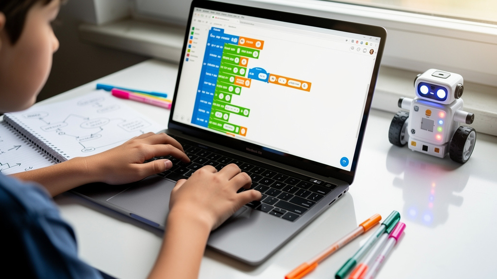 블록 코딩 인터페이스와 프로그래밍 로봇 학습 장면