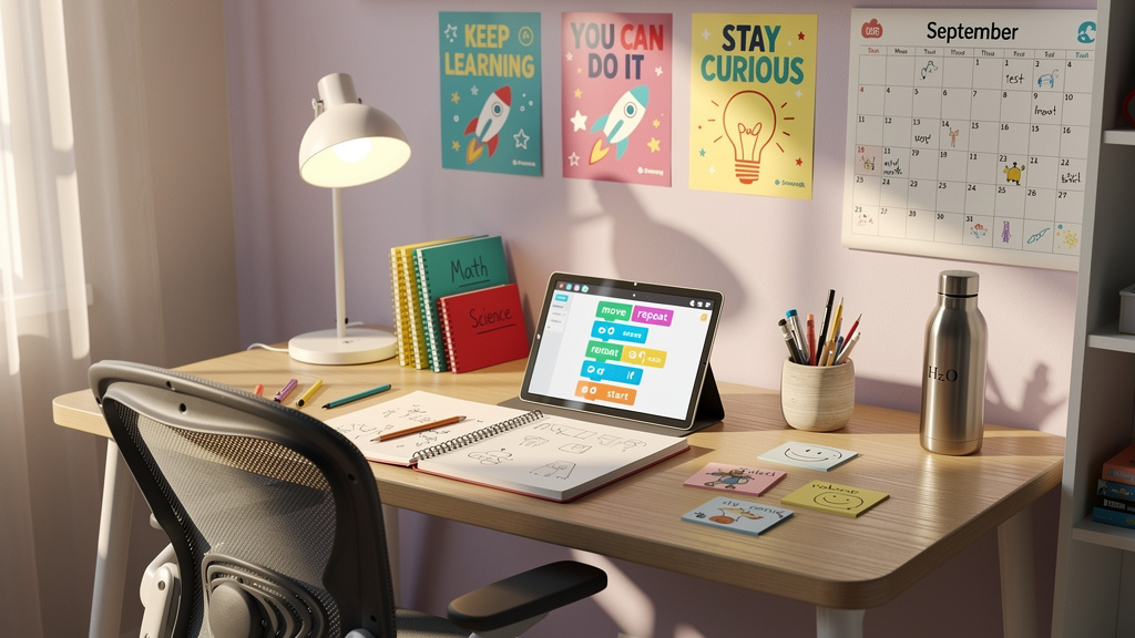 코딩 학습 도구와 태블릿이 놓인 아이 책상