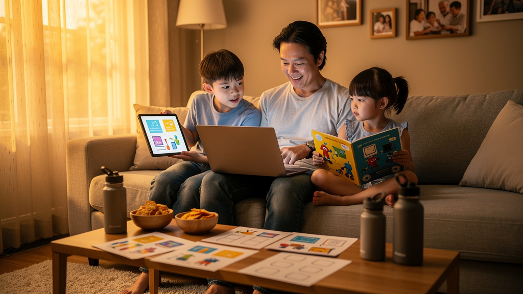 부모와 자녀가 함께 디지털 기기로 학습하는 가족 장면
