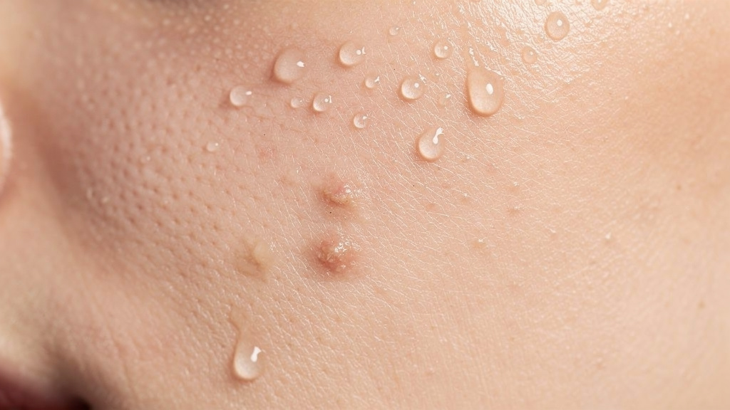 피부 트러블이 있는 얼굴 피부 클로즈업