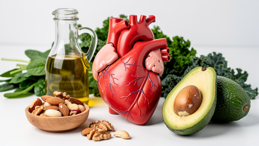 심장 모형과 건강한 불포화지방 식품들