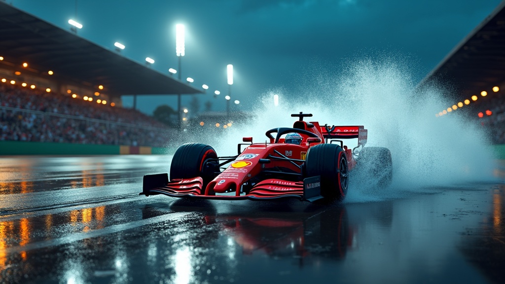 Coche de Fórmula 1 en F1 25 en un circuito lluvioso con efectos de agua realistas