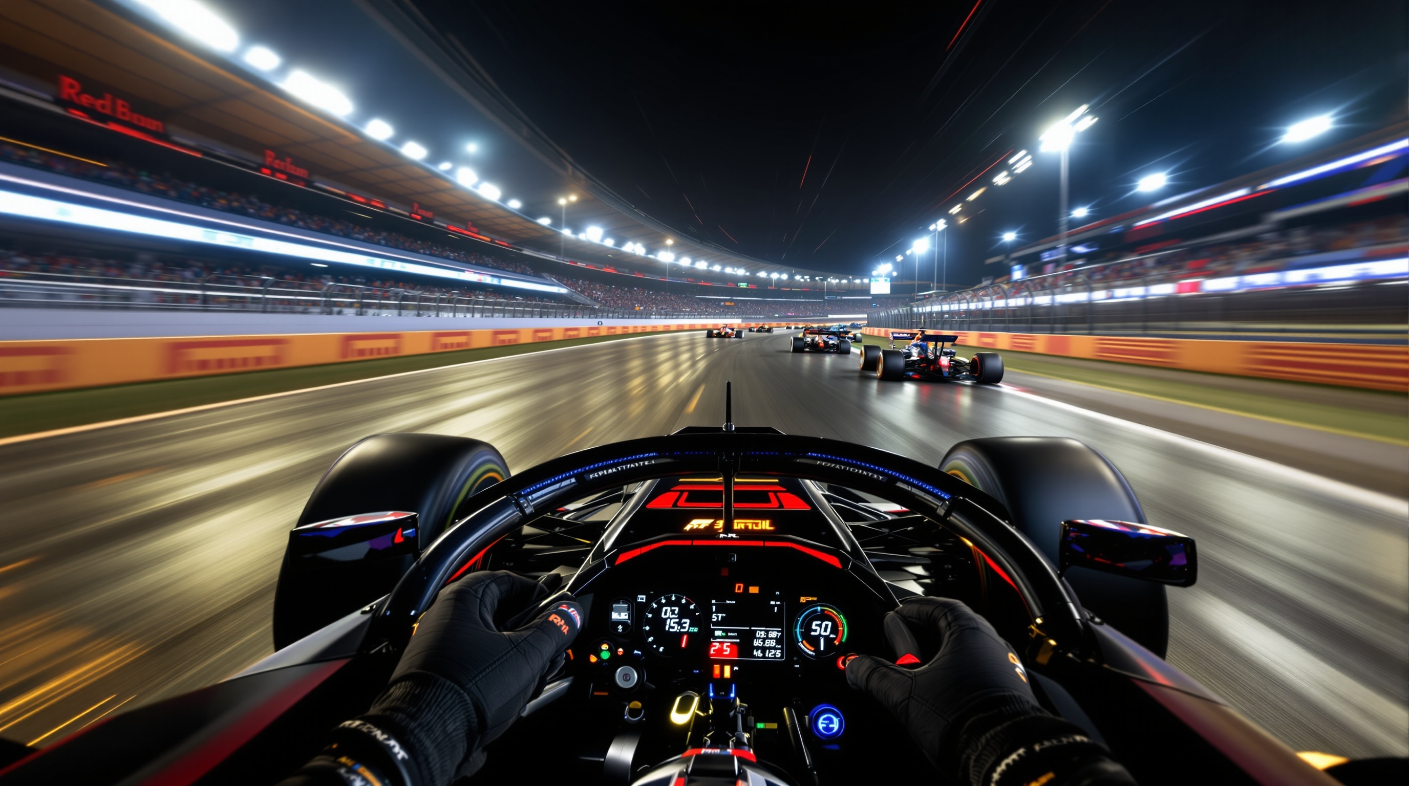 Cockpit view de F1 25 mostrando el realismo del volante y los guantes en carrera