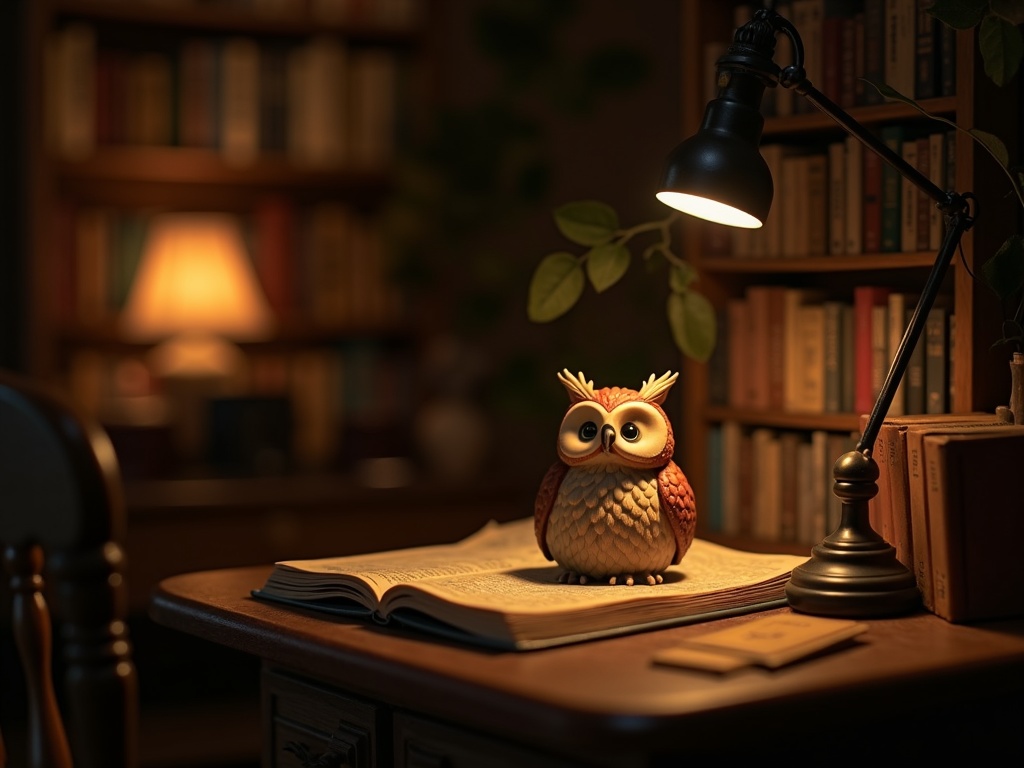 El CUTEBEE Owl Bookstore iluminado, creando un ambiente mágico en una estantería oscura.