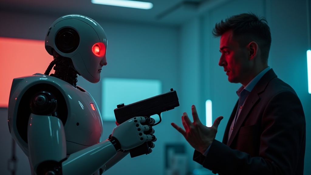 Ilustración del Robot Max apuntando con un arma en un entorno de prueba