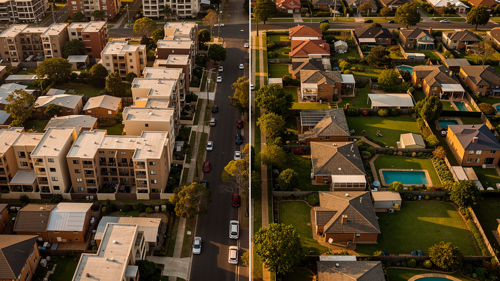 Aerial view comparing urban and regional housing density