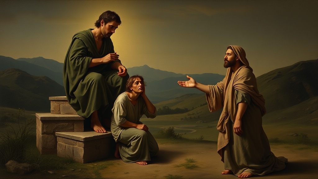 Allegorical scene of authority, suffering, and mediation