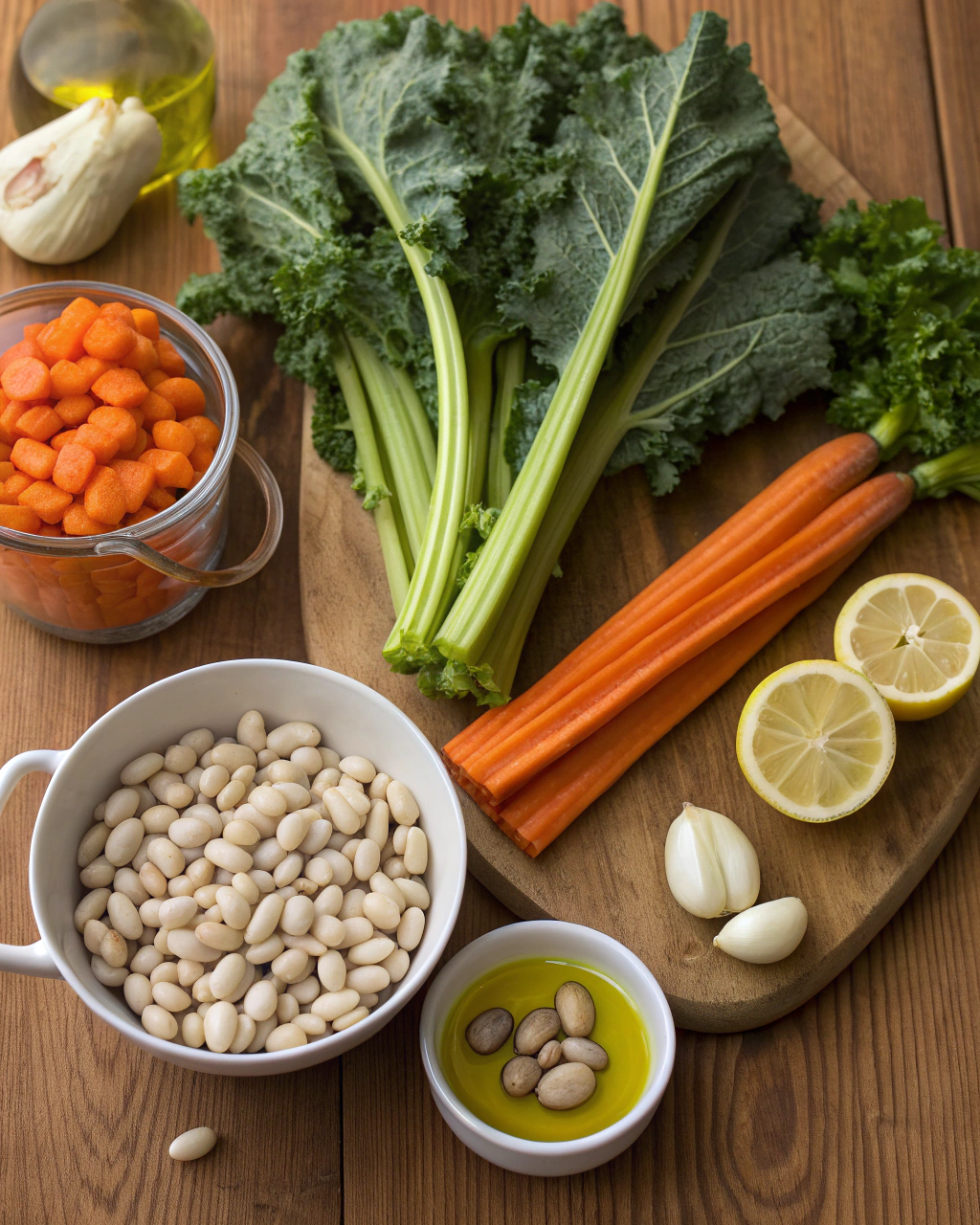 Fresh ingredients for white bean soup including cannellini beans, vegetables, and herbs arranged on a wooden cutting board