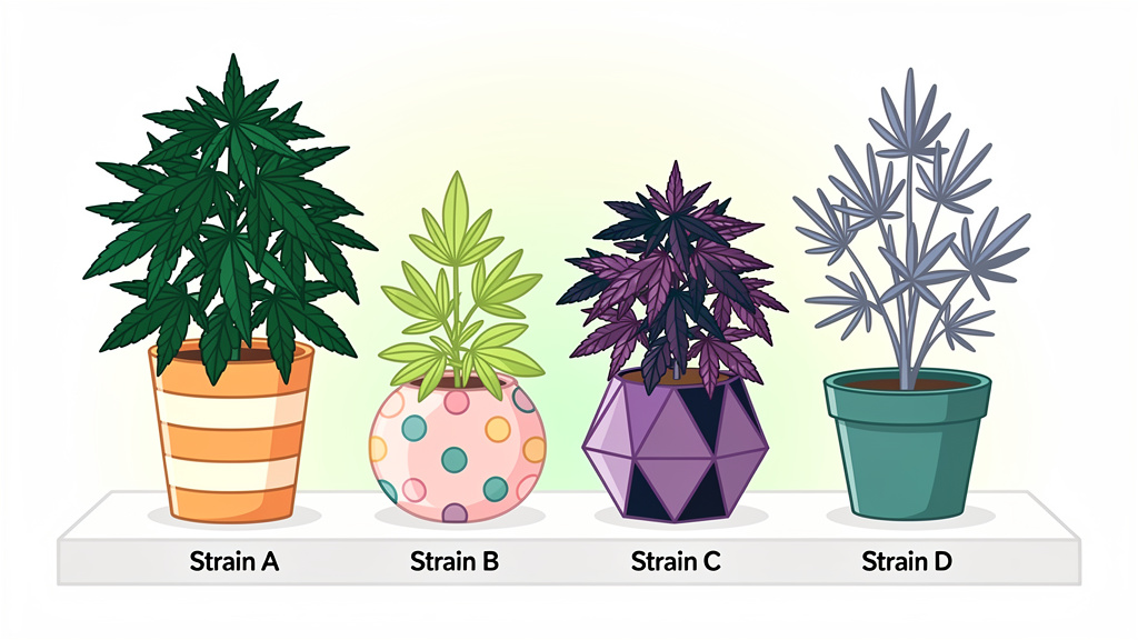 Cartoon cannabis strain varieties display