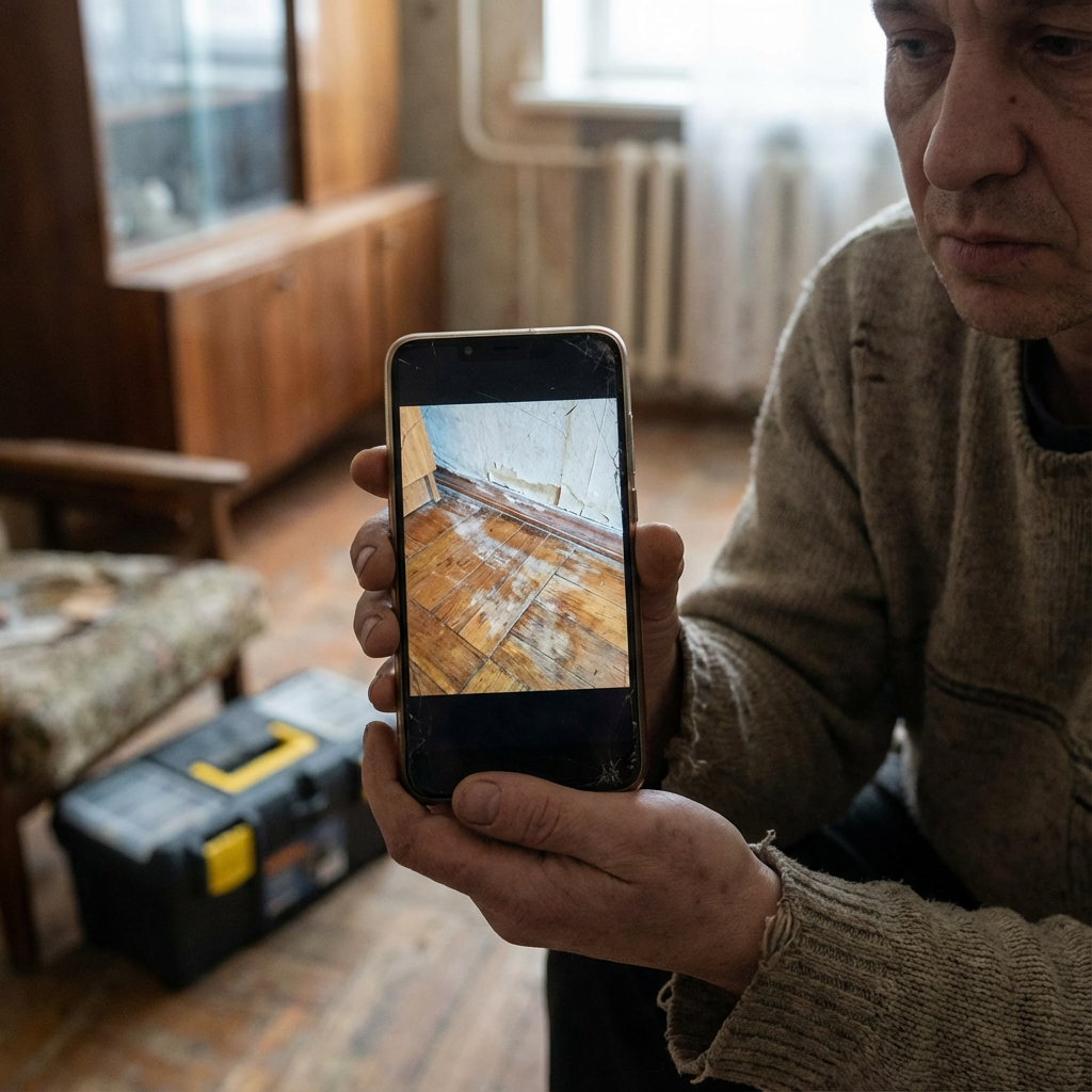 Photorealistic close-up of a landlord photographing apartment damage with a smartphone, neutral lighting, candid documenta...