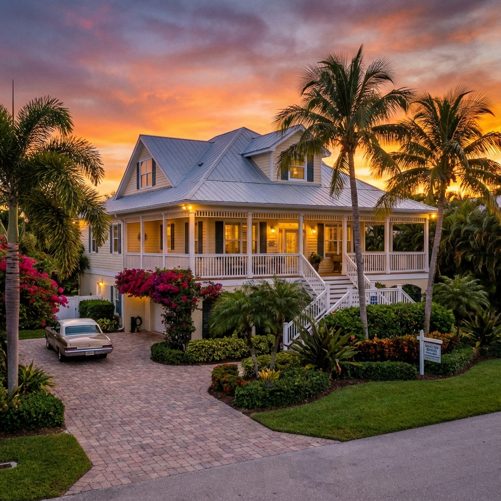 Wide-angle shot of a well-kept South Florida rental property exterior at sunset, warm golden-hour tones, inviting and prof...