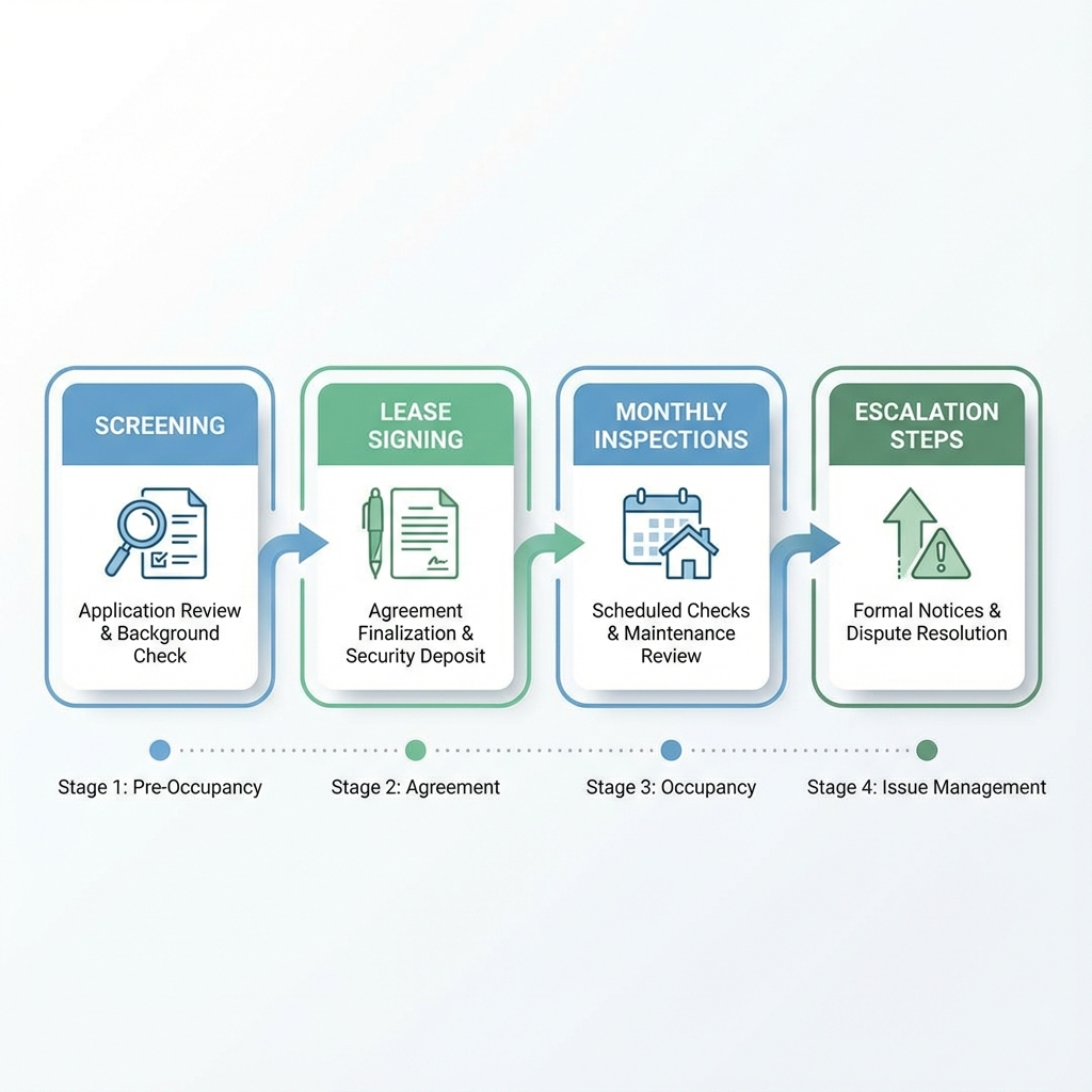 Infographic-style timeline showing screening, lease signing, monthly inspections, and escalation steps, minimalist diagram...