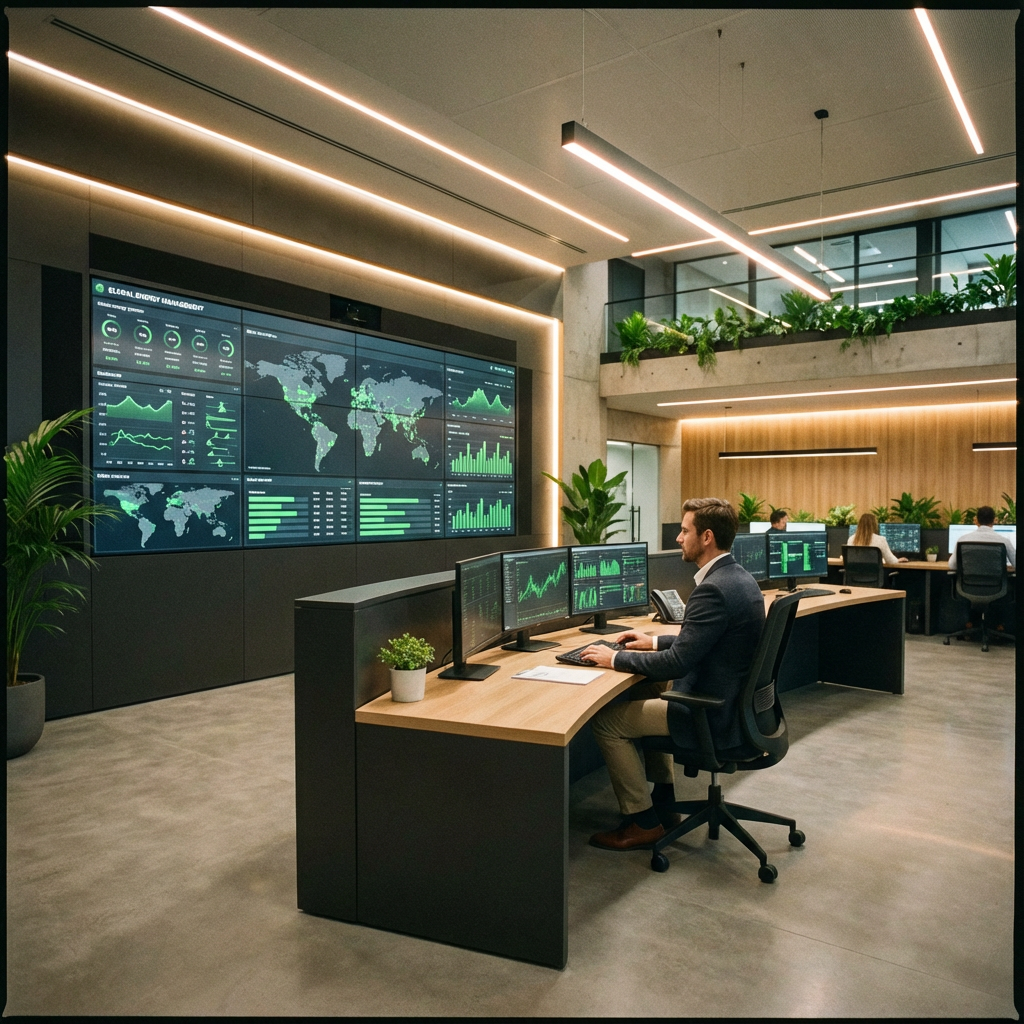 Wide-angle, photorealistic scene of a commercial property energy control room with a technician reviewing a monitoring das...