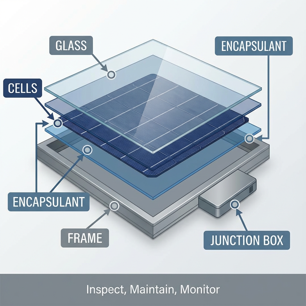 Close-up, infographic-style photo of a solar panel cross-section and annotated callouts, minimalist diagram style, clean t...