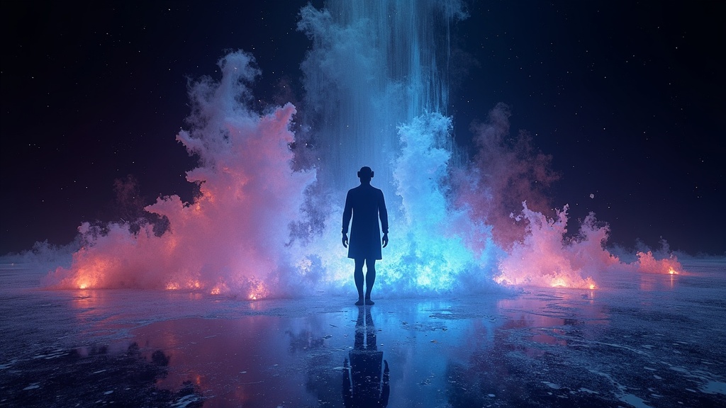 Luces volumétricas y arte abstracto en una escena de Miracle Vibe Show VR