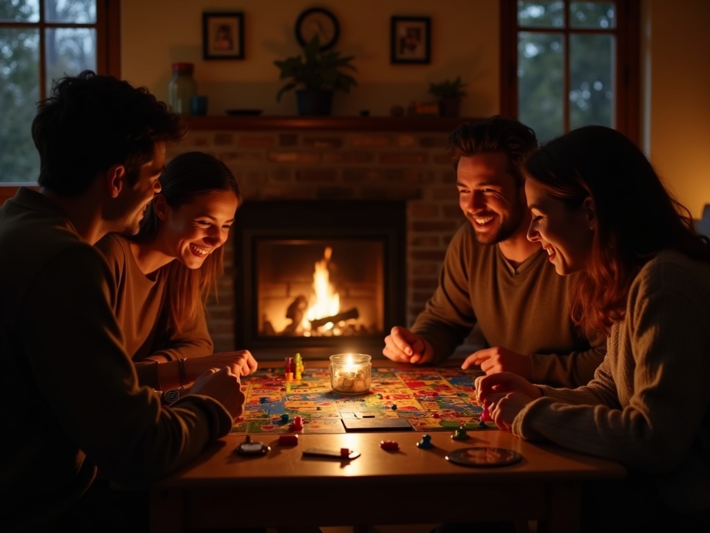 Familia riendo mientras juega al juego de mesa QuickStop