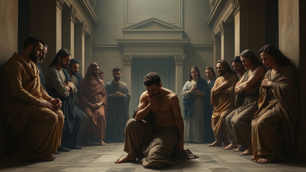 Allegorical painting of repentance and public scrutiny